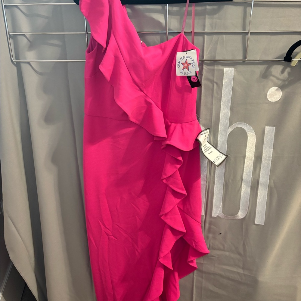 Betsy & Adam Vibrant Pink Asymmetrical Ruffle Dress - Picture 4 of 7